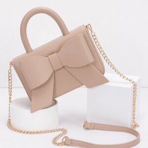 Faux Leather Ribbon Top Handle Bag